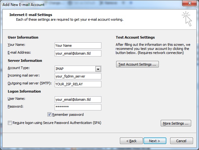 Outlook client configuration for qmailrocks - IMAP