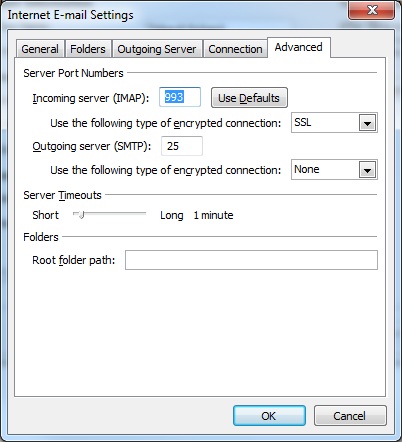 Outlook client configuration for qmailrocks - IMAPS