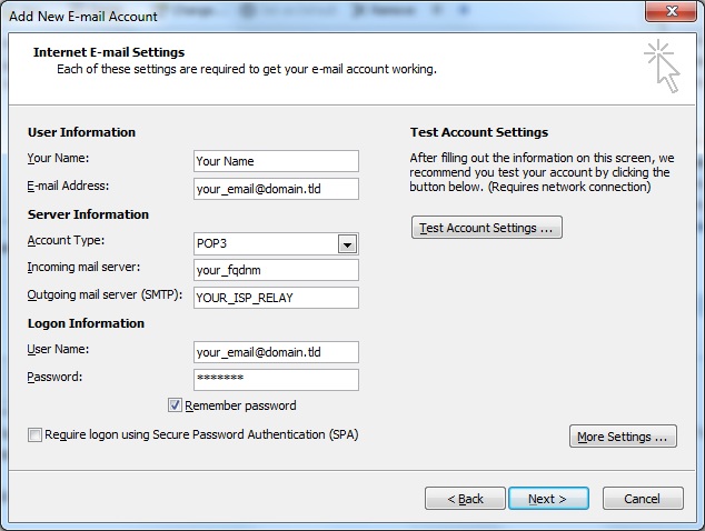 Outlook client configuration for qmailrocks - POP3