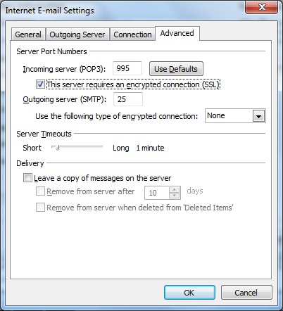 Outlook client configuration for qmailrocks - POP3-SSL