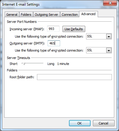 Outlook client configuration for qmailrocks - SMTP TLS authentication