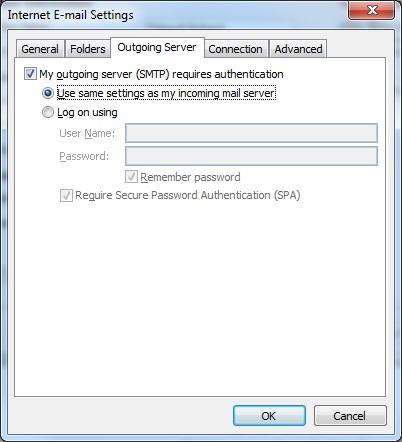 Outlook client configuration for qmailrocks - SMTP TLS authentication